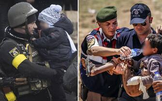 ANKARA, TURKIYE - MARCH 16: (EDITOR'S NOTE: COMPOSITE IMAGE) Photos emerged during Russia's attacks on Ukraine bear similarities with the images taken during the Syrian Civil War. A photo dated on March 08, 2022 (top) shows a soldier holding a baby as civilians flee from Irpin due to ongoing Russian attacks in Irpin, Ukraine and a photo dated on June 16, 2015 shows Turkish gendarmerie and police officer helping a Syrian kid as civilians flee from Syria due to airstrikes carried out over Tell Abyad. (Photo by Emin Sansar,Firat Yurdakul/Anadolu Agency via Getty Images)