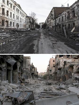 ANKARA, TURKIYE - MARCH 16: (EDITOR'S NOTE: COMPOSITE IMAGE) Photos emerged during Russia's attacks on Ukraine bear similarities with the images taken during the Syrian Civil War. A photo dated on March 12, 2022 (top) shows destruction in the districts of the city that were the subject of the bombings and which are located near the front in Kharkiv, Ukraine and a photo dated on August 10, 2014 shows debris of buildings after barrel bomb attack by helicopters in Aleppo. (Photo by Andrea Carrubba,Salih Mahmud Leyla/Anadolu Agency via Getty Images)