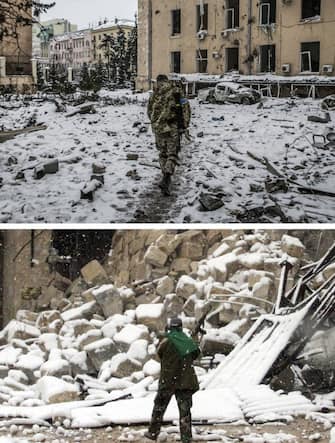 ANKARA, TURKIYE - MARCH 16: (EDITOR'S NOTE: COMPOSITE IMAGE) Photos emerged during Russia's attacks on Ukraine bear similarities with the images taken during the Syrian Civil War. A photo dated on March 09, 2022 (top) shows Kharkiv Governor's Palace, seat of the Regional Government bombed on first of March in the center of Kharkiv, Ukraine and a photo dated on December 12, 2013 shows an armed man walking during snowfall as clashes continue in Aleppo,Syria. (Photo by Andrea Carrubba,Salih Mahmud Leyla/Anadolu Agency via Getty Images)