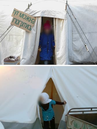 ANKARA, TURKIYE - MARCH 16: (EDITOR'S NOTE: COMPOSITE IMAGE) Photos emerged during Russia's attacks on Ukraine bear similarities with the images taken during the Syrian Civil War. A photo dated on March 13, 2022 (top) shows a girl in front of a tent after Russian attack in Kyiv, Ukraine and a photo dated on May 30, 2013 shows a girl, fled from Syria due to civil war, in front of a tent at a refugee camp in Turkiye's Hatay. (Photo by Abdulhamid Hosbas,Ahmet Baysal/Anadolu Agency via Getty Images)