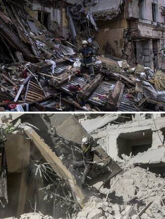ANKARA, TURKIYE - MARCH 16: (EDITOR'S NOTE: COMPOSITE IMAGE) Photos emerged during Russia's attacks on Ukraine bear similarities with the images taken during the Syrian Civil War. A photo dated on March 14, 2022 (top) shows responders at the scene after a building destroyed by a Russian rocket attack in downtown Kharkiv, Ukraine and a photo dated on November 17, 2016 shows search and rescue works at a building destroyed after airstrikes carried out by Assad Regime. (Photo by Wolfgang Schwan,Jawad al Rifai/Anadolu Agency via Getty Images)