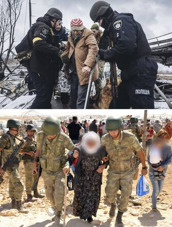 ANKARA, TURKIYE - MARCH 16: (EDITOR'S NOTE: COMPOSITE IMAGE) Photos emerged during Russia's attacks on Ukraine bear similarities with the images taken during the Syrian Civil War. A photo dated on March 08, 2022 (top) shows two policemen helping a woman to cross the destroyed bridge as civilians flee from Irpin due to ongoing Russian attacks in Irpin, Ukraine and a photo dated on September 22, 2014 shows Turkish soldiers helping Syrian civilians fled their country due to civil war, to Turkiye. (Photo by Diego Carcedo,Turkish General Staff/Anadolu Agency via Getty Images)