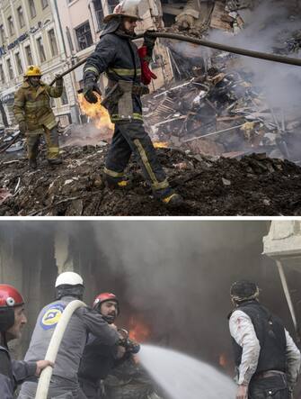 ANKARA, TURKIYE - MARCH 16: (EDITOR'S NOTE: COMPOSITE IMAGE) Photos emerged during Russia's attacks on Ukraine bear similarities with the images taken during the Syrian Civil War. A photo dated on March 14, 2022 (top) shows responders at the scene after a building destroyed by a Russian rocket attack in downtown Kharkiv, Ukraine and a photo dated on February 25, 2017 shows Syrian firefighters trying to extinguish fire broke out after airstrikes over Douma town of Eastern Ghouta in Damascus, Syria. (Photo by Wolfgang Schwan, Qusay Nour/Anadolu Agency via Getty Images)