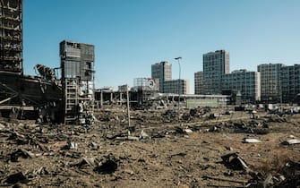 General view of the mall which was hit by a Russian missile late in the night. A Russian missile destroyed the mall in the Podilsky district of Kyiv killing at least 4. Podil and other areas in the northwest of Kyiv have been the target of many of the missiles and artillery fire on Kyiv.