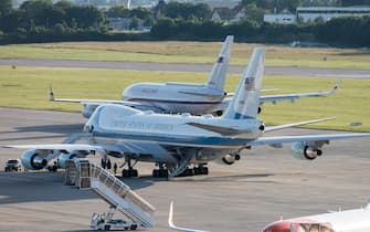 GENEVA, SWITZERLAND - JUNE 16: Air Force One (bottom) stands by as the presidential Ilyushin Il-96, believed to be carrying Russian president Vladimir Putin (top), taxis on the runway at Geneva Airport Cointrin following the US - Russia summit, on June 16, 2021 in Geneva, Switzerland.  (Photo by Alessandro della Valle - Pool / Keystone via Getty Images)