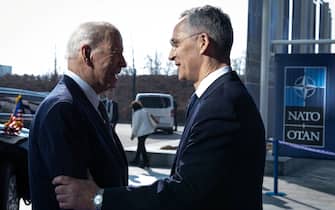 HANDOUT - NATO Secretary General Jens Stoltenberg meets with the President of the Unites States of America, Joe Biden at the extraordinary Summit of NATO Heads of State and Government in Brussels, Belgium on March 24, 2022. Photo by NATO via ABACAPRESS.COM