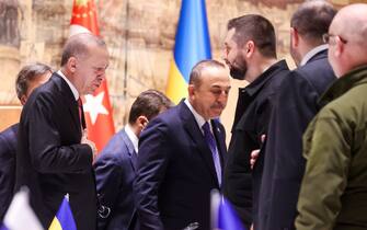 ISTANBUL, TURKEY - MARCH 29, 2022: Turkey's President Recep Tayyip Erdogan, Foreign Minister Mevlut Cavusoglu and Ukraine's Servant of the People Party faction leader David Arakhamia (L-R) attend a round of Russian-Ukrainian talks at the Dolmabahce Palace. Both delegations are to meet face to face for the first time since March 7. With the first round held in the Belarusian city of Gomel on February 28, two more followed in person along with more recent sessions online. On February 24, Russia’s President Putin announced the start of a special military operation in Ukraine in response to appeals from the leaders of the Donetsk and Lugansk People’s Republics. Sergei Karpukhin/TASS/Sipa USA