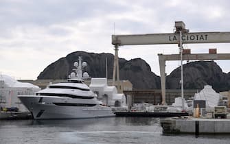 A picture taken on March 3, 2022 in a shipyard of La Ciotat, near Marseille, southern France, shows a yacht, Amore Vero, owned by a company linked to Igor Sechin, chief executive of Russian energy giant Rosneft. - The French government on March 3 said it had seized in La Ciotat a superyacht owned by a company linked to Igor Sechin, chief executive of Russian energy giant Rosneft and close confidant of the Russian President, as part of the implementation of European Union sanctions against Russian invasion of Ukraine. (Photo by NICOLAS TUCAT / AFP) (Photo by NICOLAS TUCAT/AFP via Getty Images)