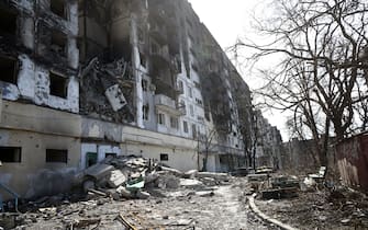 MARIUPOL, UKRAINE - MARCH 28, 2022: A view of damaged buildings. The Russian Armed Forces conduct a special military operation in Ukraine. Mikhail Tereshchenko/TASS/Sipa USA