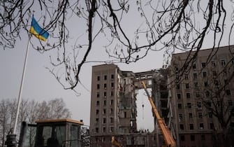 MYKOLAIV UKRAINE - APRIL 01  Workers remove rubble from the Mykolaiv Regional State Administration building where at least 28 were killed in a cruise missile attack last Tuesday on April 01, 2022 in Mykolaiv, Ukraine. Dozens are still missing and feared dead. (Photo by Michael Robinson Chavez/The Washington Post via Getty Images)