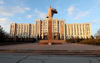 TIRASPOL, MOLDOVA - NOVEMBER 25: A general view of the "House of Soviets", home to the city council of Tiraspol on November 25, 2021 in Tiraspol, Moldova.  (Photo by Alexander Hassenstein - UEFA / UEFA via Getty Images)