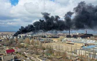 April 3, 2022, Odessa, Ukraine: Smoke rises from a fuel depot on fire following a Russian strike. At 6 am five Russian missiles hit the fuel refinery in Odessa. (Credit Image: © Gilles Bader/Le Pictorium Agency via ZUMA Press)