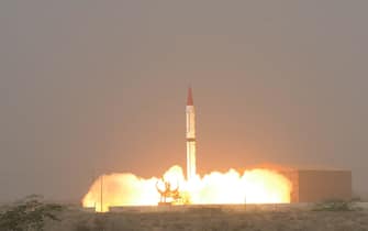 ARABIAN SEA, PAKISTAN - DECEMBER 11: Pakistan test-fires a Shaheen-III intermediate-range nuclear-capable ballistic missile in Pakistan on December 11, 2015. The missile had been first officially revealed earlier this year. The missile was fired at the Arabian Sea and traveled 2,750km, its reported maximum range, said the Pakistani Armys press service ISPR. (Photo by Pakistani Army Press Service ISPR/Anadolu Agency/Getty Images)