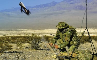 Undated handout image of a Switchblade drone. The United States is reportedly sending "kamikaze" drones to Ukraine, as part of a new $ 800 billion (€ 722 billion) weapons package to help the country fight off Russia’s invasion. The package will include 100 "tactical" unmanned drones, which US officials speaking on condition of anonymity say are Switchblades - small “suicide” drones that explode on impact. The Switchblade is basically a single-use drone that’s small enough to fit in a backpack, cruises at around 100 km/h and carries cameras, guidance systems and explosives to dive-bomb into its target. Unlike most weapons, the Switchblade can also disengage or abort a mission at any time, and then recommit to another target depending on what the operator commands. This aims to ensure that strikes are precise and can be called off at the very last minute if they endanger civilians or properties nearby. Photo courtesy of AeroVironment, Inc via ABACAPRESS.COM