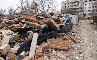 Civil vehicles and Residential buildings Destroyed by Russian army in the recaptured by the Ukrainian army Borodyanka city near Kyiv, Ukraine, 05 April 2022 (Photo by Maxym Marusenko / NurPhoto via Getty Images)