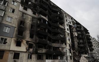 BORODIANKA, UKRAINE - APRIL 05: Damaged houses are seen among the ruins as the city of Borodianka was the scene of heavy clashes for weeks while the Russian military were located until about four days ago in Borodianka, Ukraine on March 05, 2022. The Ukrainian forces regained the control of the town.  (Photo by Metin Aktas / Anadolu Agency via Getty Images)