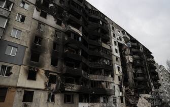 BORODIANKA, UKRAINE - APRIL 05: Damaged houses are seen among the ruins as the city of Borodianka was the scene of heavy clashes for weeks while the Russian military were located until about four days ago in Borodianka, Ukraine on March 05, 2022. The Ukrainian forces regained the control of the town. (Photo by Metin Aktas/Anadolu Agency via Getty Images)