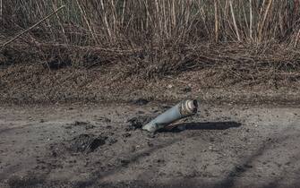 KHARKIV, UKRAINE - APRIL 02: A projectile is seen on the outskirts of Kharkov in Malaya Rohan', Kharkiv, Ukraine on April 02, 2022. (Photo by Diego Herrera Carcedo/Anadolu Agency via Getty Images)