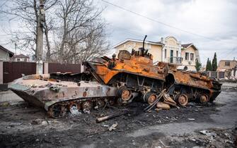 IRPIN, UKRAINE - 2022/04/06: View of destroyed vehicles and Russian tanks in Irpin, a town near Kyiv from which occupying Russian troops recently withdrew following intense fighting with Ukrainian forces. Russia invaded Ukraine on 24 February 2022, triggering the largest military attack in Europe since World War II. (Photo by Laurel Chor/SOPA Images/LightRocket via Getty Images)