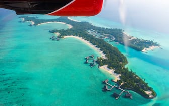 MALE, MALDIVES - FEBRUARY 23:  Aerial View from a Seaplane of Trans Maldivian Airways at Ring Reefs and Island Hotels in the Indian Ocean on February 23, 2017 in Male, Maldives. (Photo by EyesWideOpen/Getty Images)