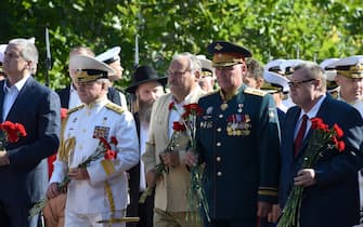 Celebration of the Russia's Navy Day in Sevastopol.  Left to right: Sergey Aksenov, head of the Republic of Crimea, retired vice admiral Oleg Belaventsev, first deputy chairman of the Russian State Duma Committee for the Commonwealth of Independent States, Eurasian Integration and Relations with Compatriots Konstantin Zatulin, Commander of the Southern Military District Alexander Dvornikov and Presidential Representative of Russia in the Southern Federal District Vladimir Ustinov during the traditional wreath-laying ceremony to the Memorial to heroic defenders of Sevastopol in 1941-1942.  July 28, 2019. Russia, Crimea.  Phtoto credit: Viktor Korotaev / Kommersant / Sipa USA
