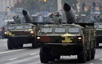 Soviet made tactical ballistic missile complexes Tochka (Point) roll during  a military parade in Kiev on August 24, 2016 to celebrate Independence Day, 25 years since Ukraine gained independence from the Soviet Union.
Ukraine marks the 25th anniversary of its freedom from Kremlin rule with moves to sweep away its totalitarian past and embrace a European future while grappling with its tense relations with Russia. / AFP / GENYA SAVILOV        (Photo credit should read GENYA SAVILOV/AFP via Getty Images)