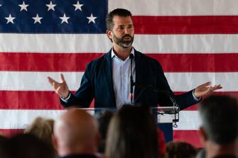 Donald Trump Jr., executive vice president of development and acquisitions for Trump Organization Inc., speaks during a campaign event with David Perdue, Republican gubernatorial candidate for Georgia, in Cumming, Georgia, U.S., on Monday, March 7, 2022. Perdue, who lost his U.S. Senate re-election bid in 2020, entered the gubernatorial primary in December, saying that Governor Kemp couldn't win votes from Trump supporters. Photographer: Elijah Nouvelage/Bloomberg via Getty Images