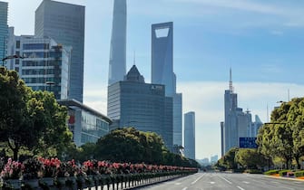 SHANGHAI, CHINA - APRIL 9, 2022 - An empty street in Pudong, Shanghai, China, On April 9, 2022. Shanghai is under lockdown. (Photo credit should read Costfoto/Future Publishing via Getty Images)