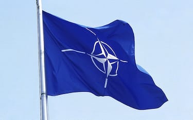 blue & white NATO Flag. (Photo by Jeff Overs/BBC News & Current Affairs via Getty Images)