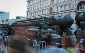 A vehicle transports a RS-24 Yars strategic nuclear missile along a street during a Victory Day rehearsal in Moscow, Russia, on Wednesday, June 17, 2020. Russian President Vladimir Putin postponed the traditional May 9 parade in April because of the coronavirus. Photographer: Andrey Rudakov/Bloomberg
