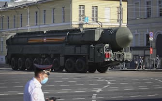 A vehicle transports a RS-24 Yars strategic nuclear missile along a street during the victory day parade in Moscow, Russia, on Wednesday, June 24, 2020. President Vladimir Putin is putting Russia's military might on display Wednesday in a parade to mark the 75th anniversary of the World War II defeat of Nazi Germany, ahead of a referendum that may allow him to rule until 2036. Photographer: Andrey Rudakov/Bloomberg