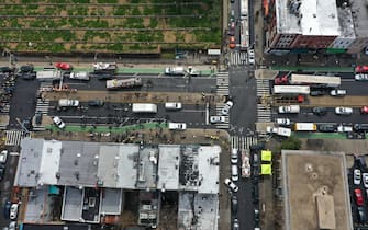 NEW YORK, USA - APRIL 12: An aerial view shows security measures taken by New York City Police Department around the scene after multiple people were shot and undetonated devices were found at a subway station in New York City, United States on April 12, 2022. Authorities said an investigation is underway and told residents to avoid the area of 36th Street and 4th Avenue in Brooklyn. (Photo by Tayfun Coskun/Anadolu Agency via Getty Images)