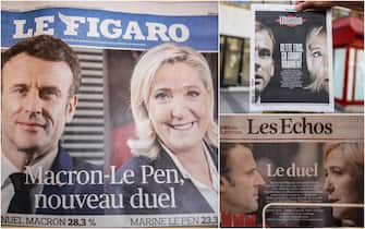 Pagine di giornali con Macron e Le Pen