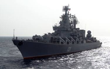 The Russian missile cruiser Moskva patrols in the Mediterranean Sea, off the coast of Syria, on December 17, 2015.
Russia began its air war in Syria on September 30, conducting air strikes against a range of anti-regime armed groups including US-backed rebels and jihadist groups. Moscow has said it is fighting and other "terrorist groups," but its campaign has come under fire by Western officials who accuse the Kremlin of seeking to prop up Syrian President Bashar al-Assad. / AFP / Max DELANY        (Photo credit should read MAX DELANY/AFP via Getty Images)