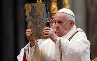 VATICAN - 2022/04/14: Pope Francis leads the Chrism Mass at St. Peter's Basilica in Vatican City.  The Chrism Mass is one of the most important liturgies in the Christian calendar.  Ancient Christian Apostolic records (c. 200 AD) describe 