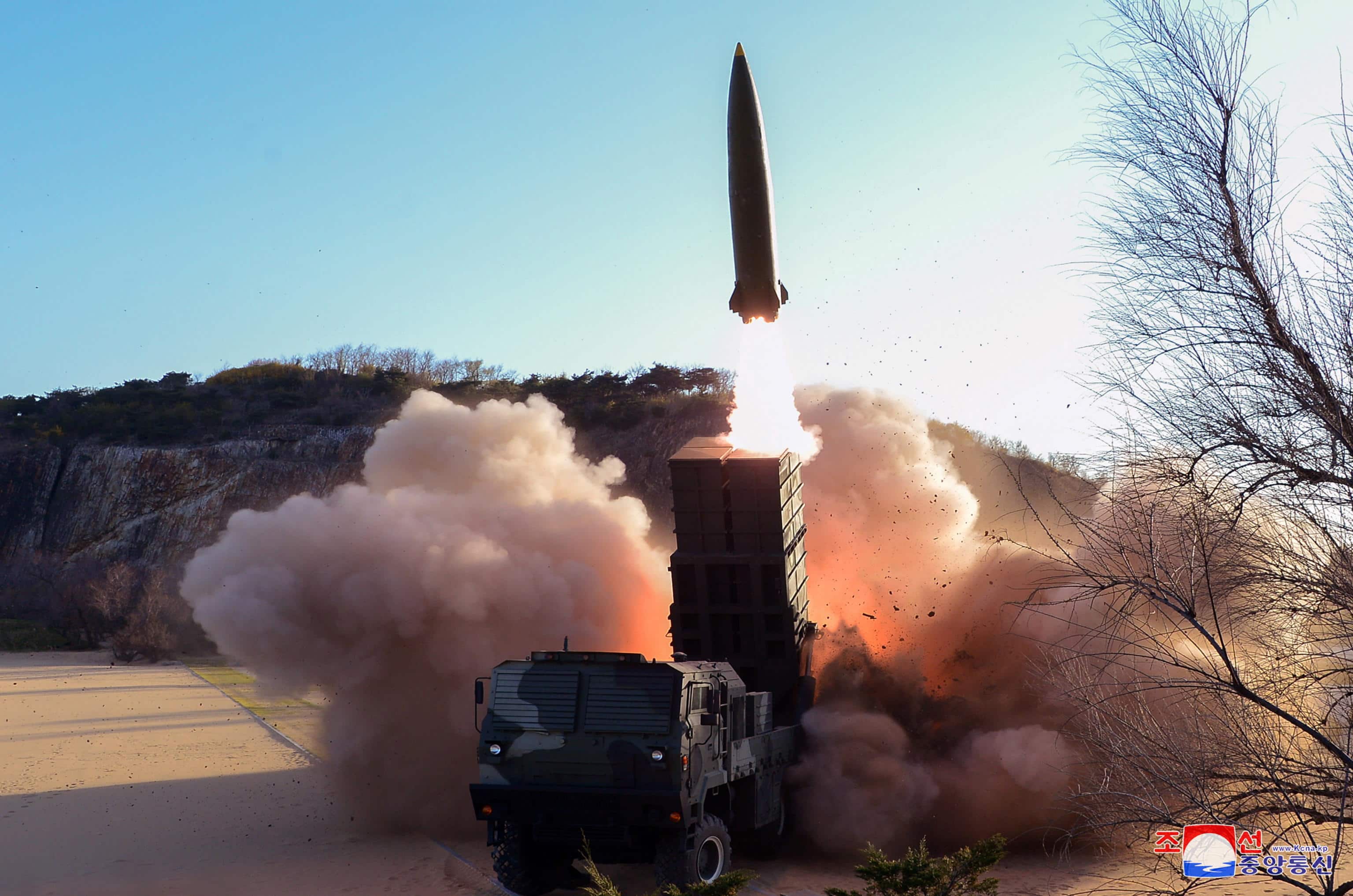 epa09894093 A photo released by the official North Korean Central News Agency (KCNA) shows the test-fire of a new-type tactical guided weapon from an undisclosed location, realeased on 17 April 2022.  EPA/KCNA EDITORIAL USE ONLY  EDITORIAL USE ONLY