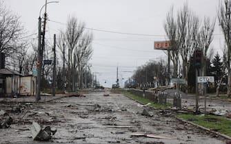 MARIUPOL, UKRAINE - APRIL 13: A view of damage in the street in the Ukrainian city of Mariupol under the control of Russian military and pro-Russian separatists, on April 13, 2022. (Photo by Leon Klein/Anadolu Agency via Getty Images)