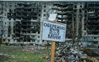 Mine warning sign in a destroyed park of Borodianka, city near Kiev, after the withdrawal of the russian troops during the invasion of Russia on Ukraine. (Photo by Celestino Arce/NurPhoto)