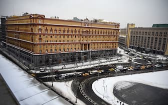 An aerial view shows the headquarters of the Federal Security Service (FSB), the successor agency to the KGB, and Lubyanka Square in front of it in central Moscow on February 25, 2021. - Three decades after Russians toppled the statue of Soviet secret police founder Felix Dzerzhinsky, they are voting on whether to restore it outside of the domestic intelligence headquarters in central Moscow. (Photo by Alexander NEMENOV / AFP) (Photo by ALEXANDER NEMENOV/AFP via Getty Images)