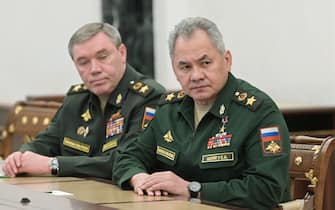 Russian Defence Minister Sergei Shoigu (R) and chief of the general staff Valery Gerasimov attend a meeting with Russian President in Moscow on February 27, 2022. - Russian President Vladimir Putin ordered his defence chiefs to put the country's nuclear "deterrence forces" on high alert on February 27 and accused the West of taking "unfriendly" steps against his country. (Photo by Alexey NIKOLSKY / SPUTNIK / AFP) (Photo by ALEXEY NIKOLSKY/SPUTNIK/AFP via Getty Images)