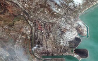 RUSSIANS INVADE UKRAINE -- APRIL 9, 2022:  09 Maxar satellite imagery overview of Azovstal Iron and Steel Works, eastern Mariupol, Ukraine.  9april2022_ge1.   Please use: Satellite image (c) 2022 Maxar Technologies.