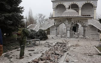 MARIUPOL, UKRAINE - APRIL 20: A general view of partially damaged Mosque, built in memory of Suleiman the Magnificent and Hurrem Sultan, after rockets hitting close to the mosque in Mariupol, Ukraine on April 20, 2022. (Photo by Leon Klein/Anadolu Agency via Getty Images)