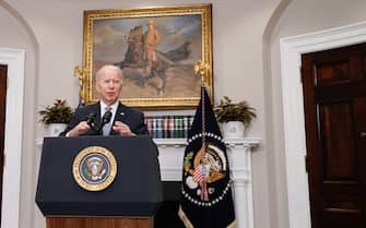 epa09900714 U.S. President Joe Biden delivers remarks on Ukraine in the Roosevelt Room at the White House in Washington, DC, USA, 21 April 2022.  EPA/YURI GRIPAS / POOL