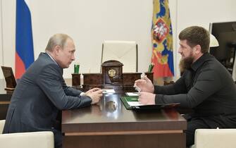 Head of the Chechen Republic Ramzan Kadyrov (R) speaks with Russian President Vladimir Putin at the Novo-Ogaryovo state residence outside Moscow, on August 31, 2019. (Photo by Alexey NIKOLSKY / Sputnik / AFP) (Photo by ALEXEY NIKOLSKY/Sputnik/AFP via Getty Images)