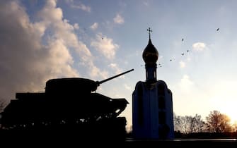 TIRASPOL, MOLDOVA - NOVEMBER 25: A general view of the Memorial of Glory next to the St. George Chapel on November 25, 2021 in Tiraspol, Moldova.  (Photo by Alexander Hassenstein - UEFA / UEFA via Getty Images)