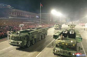 epa09909423 A photo released by the official North Korean Central News Agency (KCNA) shows KN-24 missiles displayed in a military parade held to celebrate the the 90th founding anniversary of the Korean People's Revolutionary Army (KPRA), at Kim Il Sung Square in Pyongyang , North Korea, 25 April 2022 (issued 26 April 2022).  EPA / KCNA EDITORIAL USE ONLY
