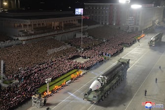 epa09909418 A photo released by the official North Korean Central News Agency (KCNA) shows a new Hwasong-17 missile displayed in a military parade held to celebrate the the 90th founding anniversary of the Korean People's Revolutionary Army (KPRA), at Kim Il Sung Square in Pyongyang, North Korea, 25 April 2022 (issued 26 April 2022).  EPA / KCNA EDITORIAL USE ONLY