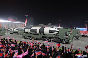 epa09909422 A photo released by the official North Korean Central News Agency (KCNA) shows a Pukguksong-5 missile displayed in a military parade held to celebrate the the 90th founding anniversary of the Korean People's Revolutionary Army (KPRA), at Kim Il Sung Square in Pyongyang, North Korea, 25 April 2022 (issued 26 April 2022).  EPA/KCNA   EDITORIAL USE ONLY