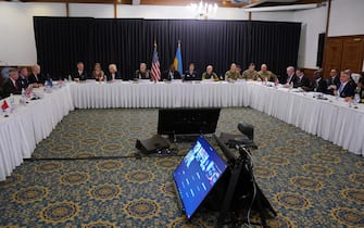 epa09909532 Participants of the Ukraine Security Consultative Group during a meeting at the US Air Base in Ramstein, Germany, 26 April 2022. The U.S. Secretary of Defense Austin has invited Ministers of Defense and senior military officials from around the world to Ramstein to discuss the ongoing crisis in Ukraine and various security issues facing U.S. allies and partners.  EPA/RONALD WITTEK