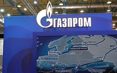 epa09897238 A view of a stand of Russian gas company Gazprom during the 21st International Exhibition for Equipment and Technologies for the Oil and Gas Industries 'Neftegaz' in Moscow, Russia, 19 April 2022. The Exhibition runs from 18 to 21 April.  EPA/MAXIM SHIPENKOV